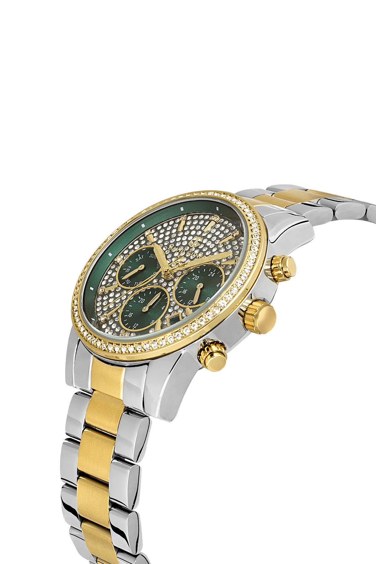 DAVID GUNER Yeşil Kadranlı Sarı Beyaz Kaplama Paslanmaz Masif Çelik Kordonlu Multi Fonksiyonlu Kadın Kol Saati