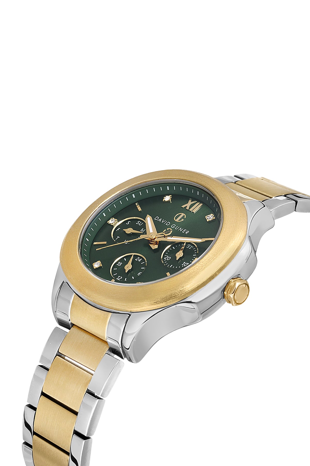 DAVID GUNER Sarı Beyaz Kaplamalı Yeşil Kadranlı Multi Fonksiyon Kadın Kol Saati