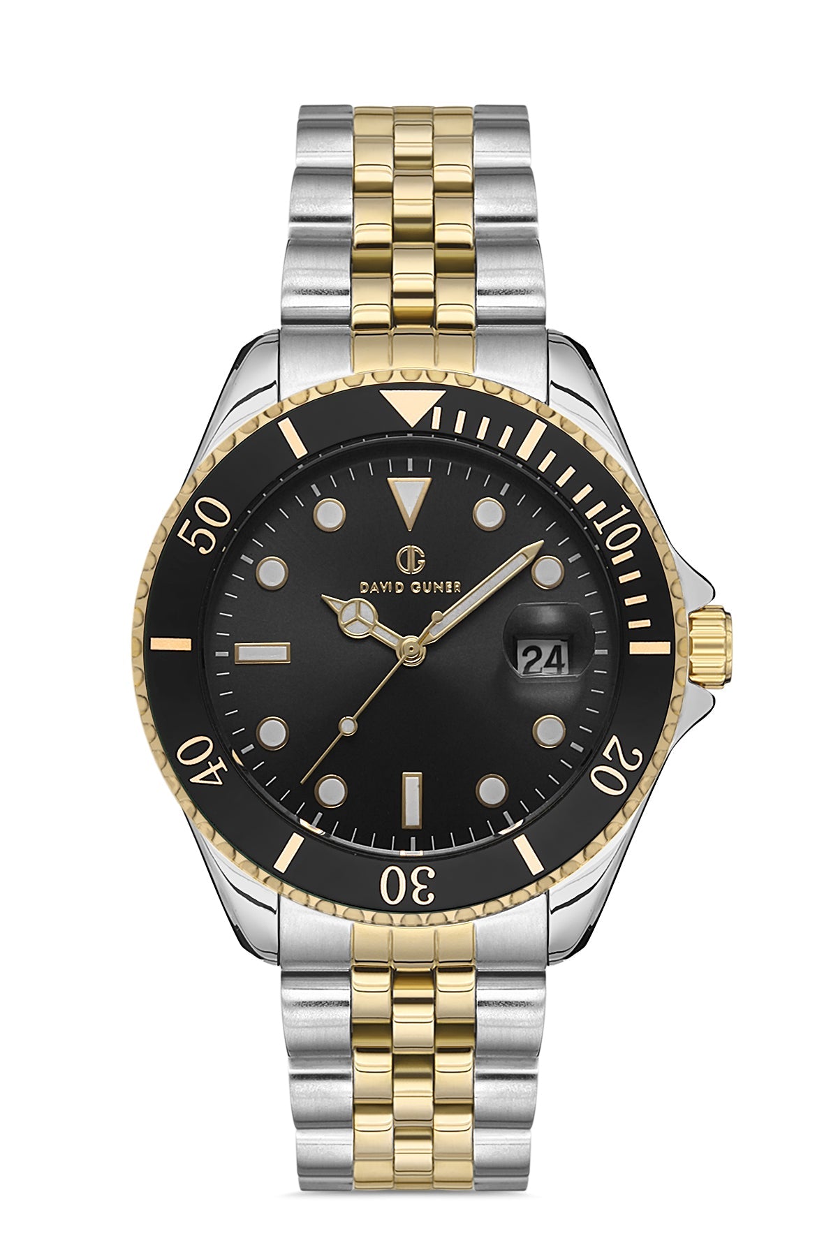 DAVID GUNER Sarı Gümüş Renk Kaplamalı Siyah Kadranlı Takvimli Erkek Kol Saati - DG-8230GA-D2
