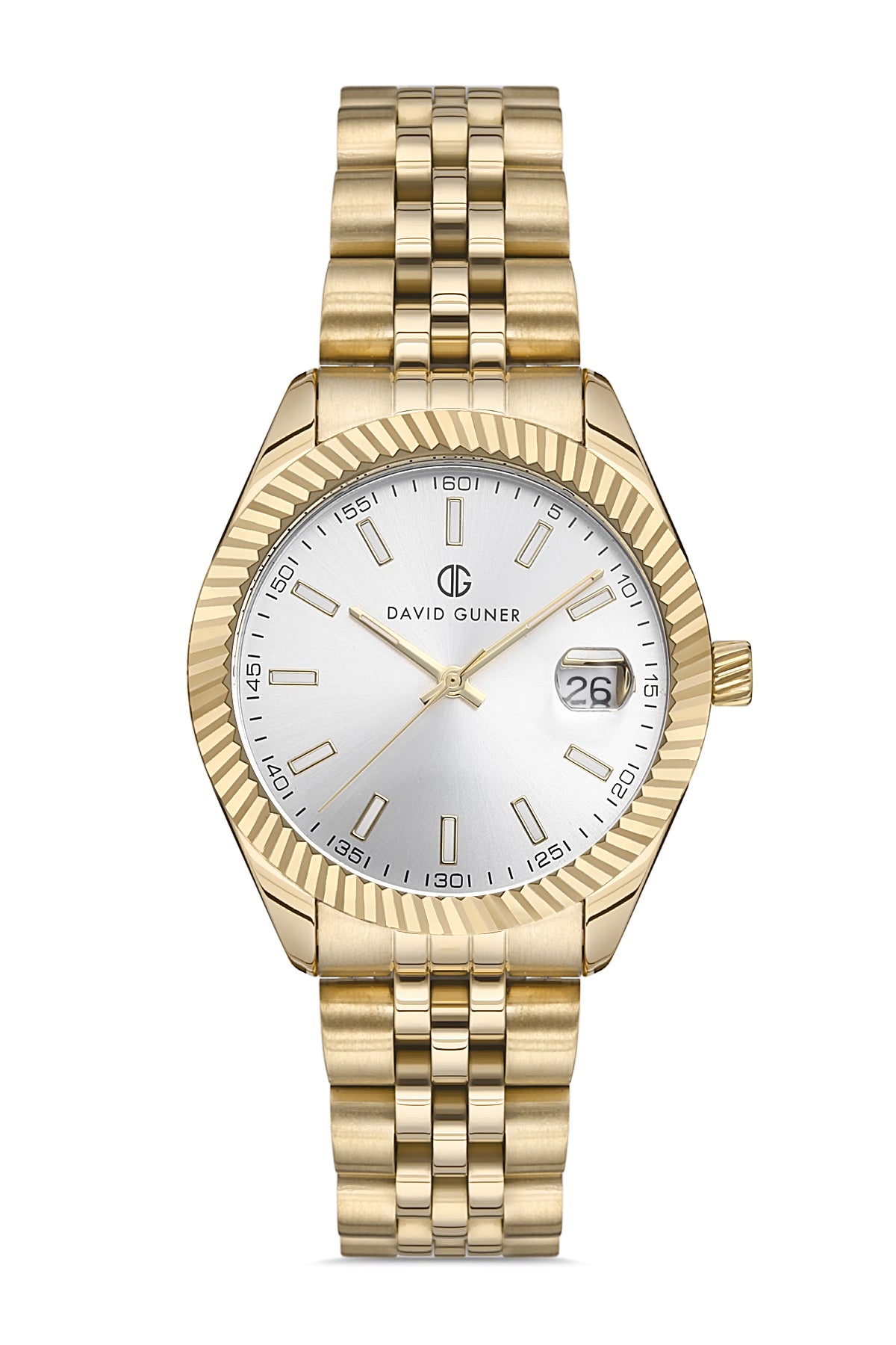DAVID GUNER Sarı Kaplama Gümüş Kadranlı Takvimli Paslanmaz Masif Çelik Kadın Kol Saati - DG-8058LA-B1