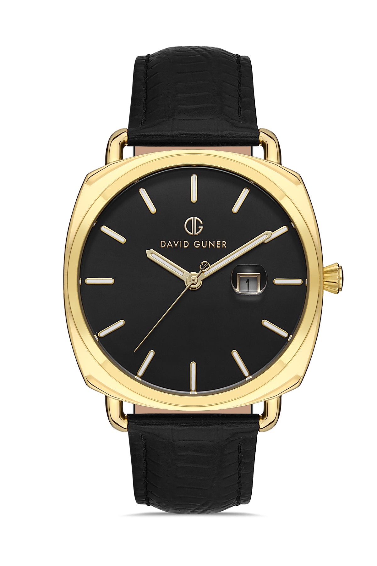 DAVID GUNER Sarı Kaplama Siyah Kadranlı Takvimli Siyah Deri Kordonlu Erkek Kol Saati - DG-8055GB-N2