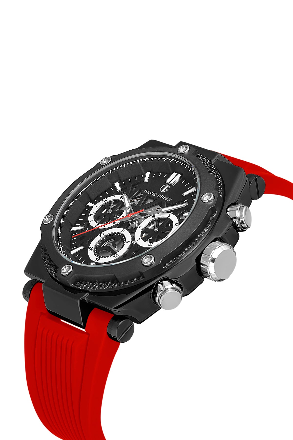 DAVID GUNER Siyah Kaplamalı Kırmızı Silikon Kordonlu Multi Fonksiyonlu Erkek Kol Saati - DG-8641GD-ZP2
