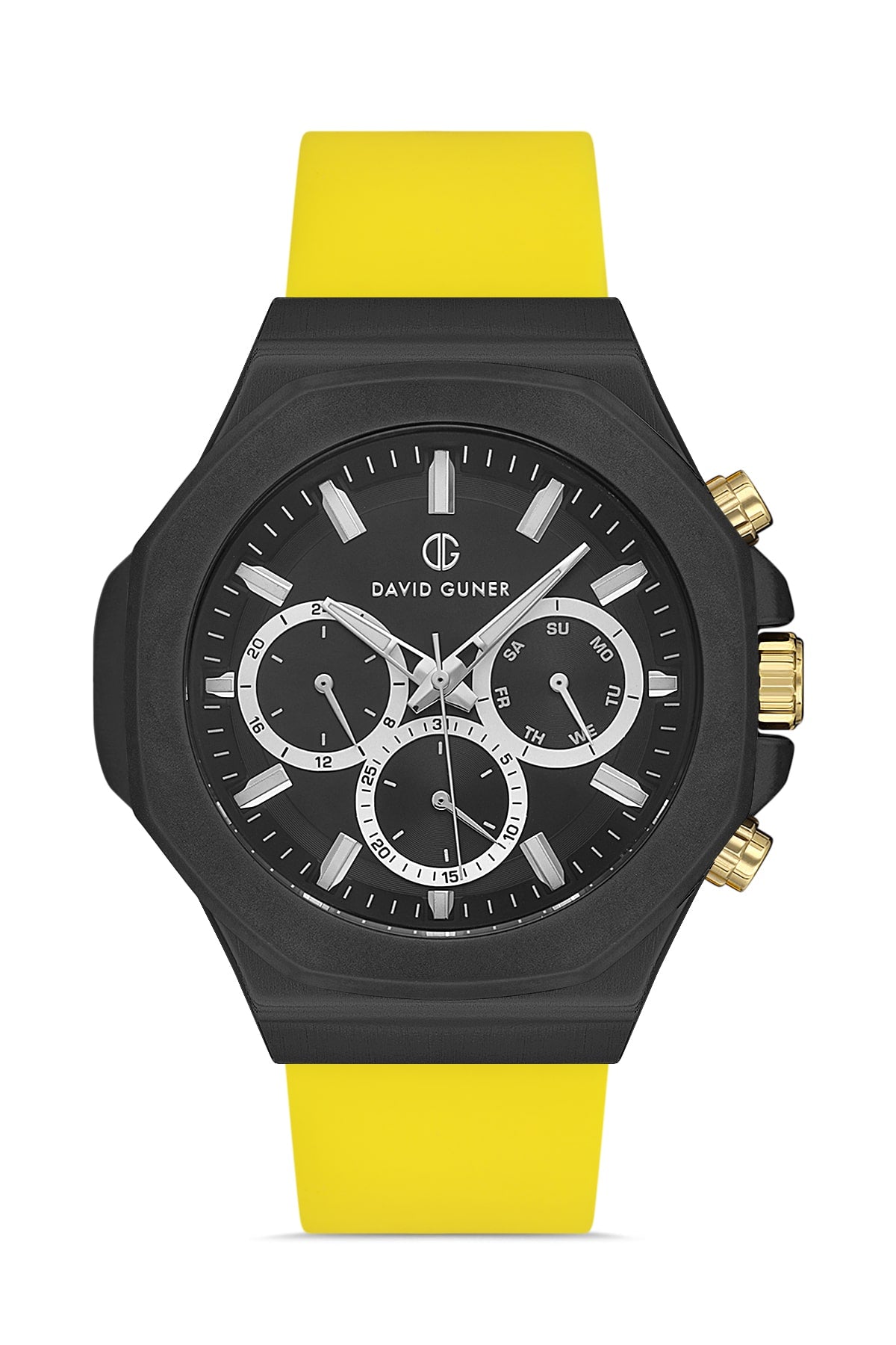 DAVID GUNER Multifunctional Men's Watch with Black Coated Yellow Silicone Band