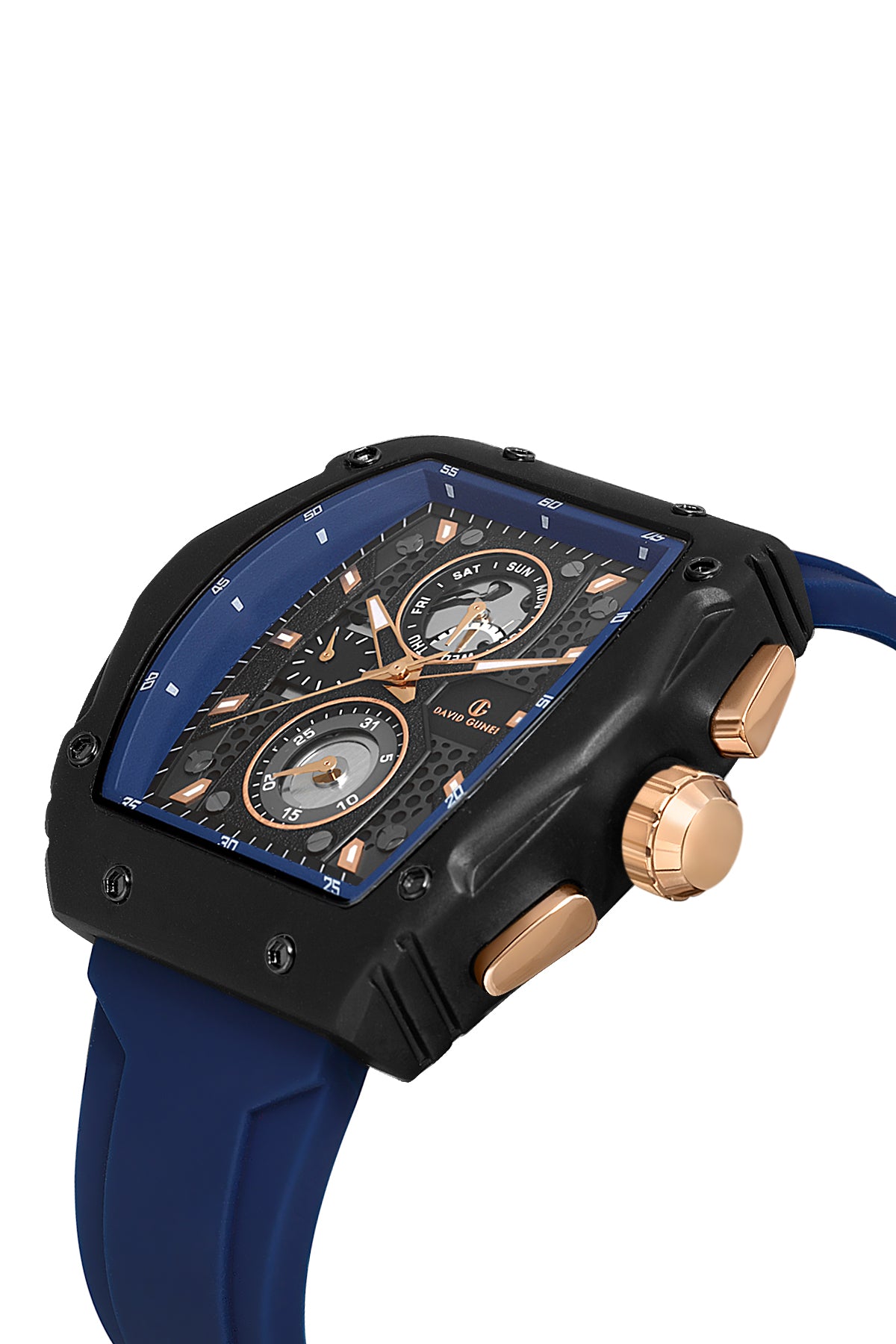DAVID GUNER Lacivert Silikon Kordonlu Lacivert Kadranlı Siyah Kaplamalı Multi Fonksiyonlu Erkek Dikdörtgen Kol Saati - DG-8487GD-ZA2