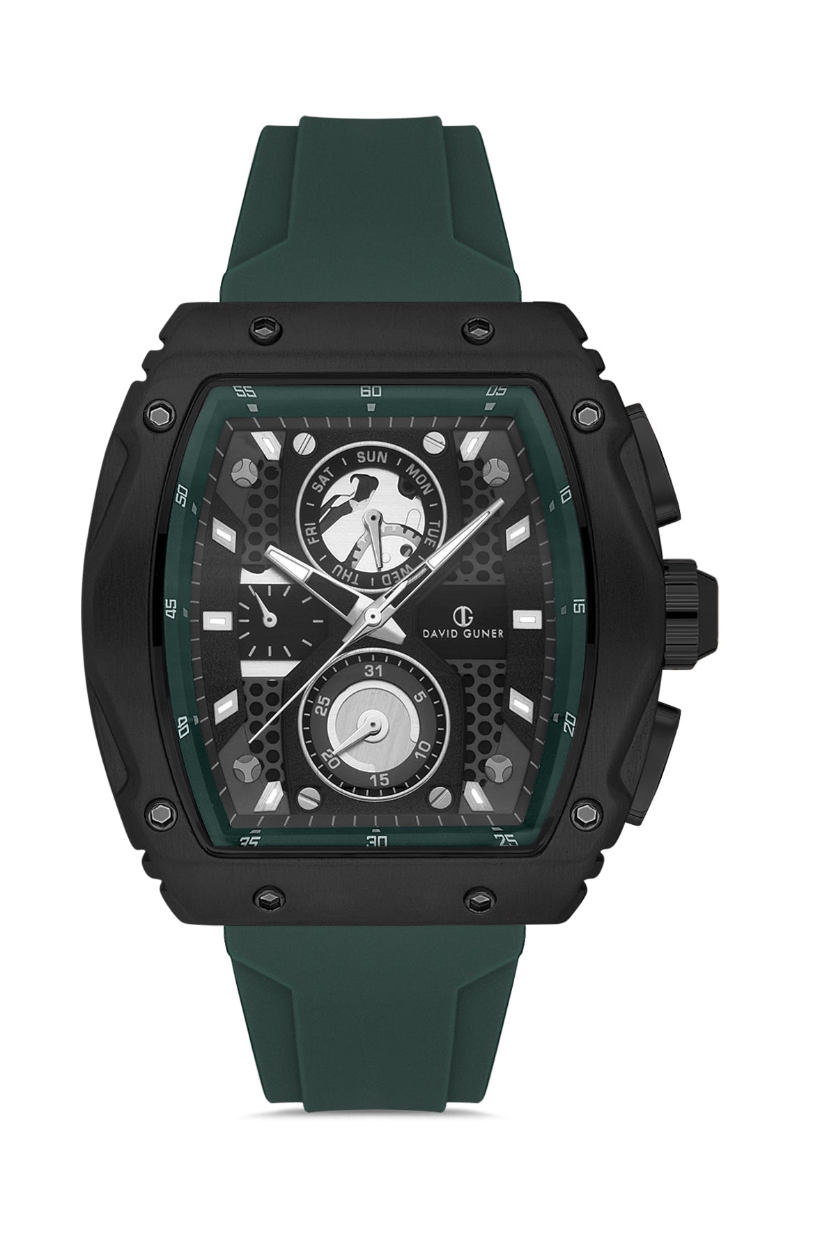 DAVID GUNER Yeşil Silikon Kordonlu Yeşil Kadranlı Siyah Kaplamalı Multi Fonksiyonlu Erkek Dikdörtgen Kol Saati - DG-8487GD-ZF2