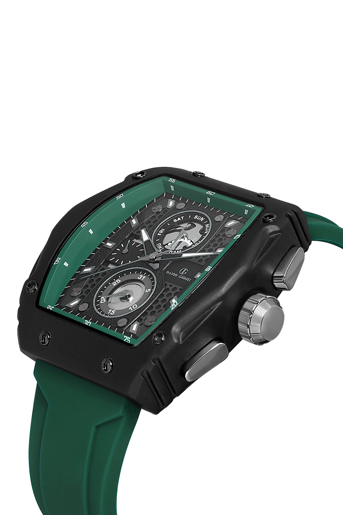 DAVID GUNER Yeşil Silikon Kordonlu Yeşil Kadranlı Siyah Kaplamalı Multi Fonksiyonlu Erkek Dikdörtgen Kol Saati - DG-8487GD-ZF2