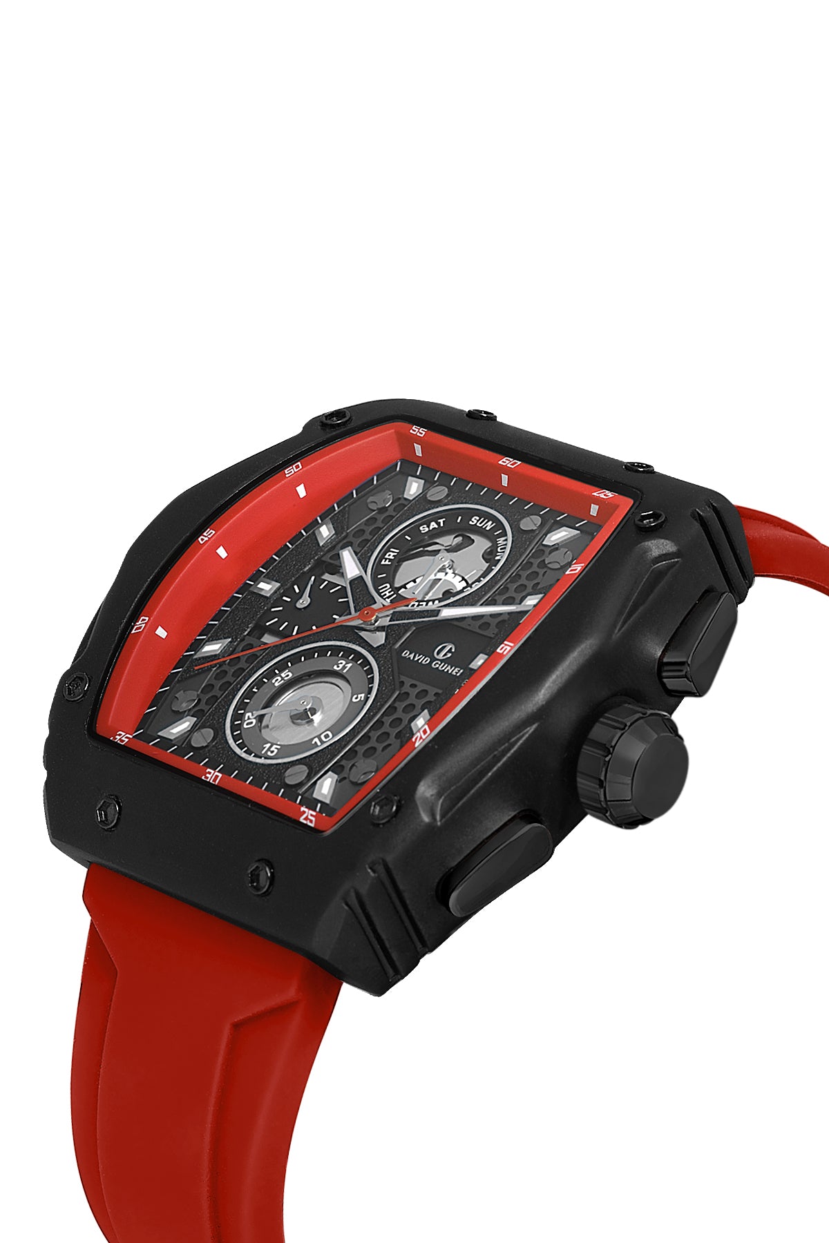 DAVID GUNER Kırmızı Silikon Kordonlu Kırmızı Kadranlı Siyah Kaplamalı Multi Fonksiyonlu Erkek Dikdörtgen Kol Saati - DG-8487GD-ZP2