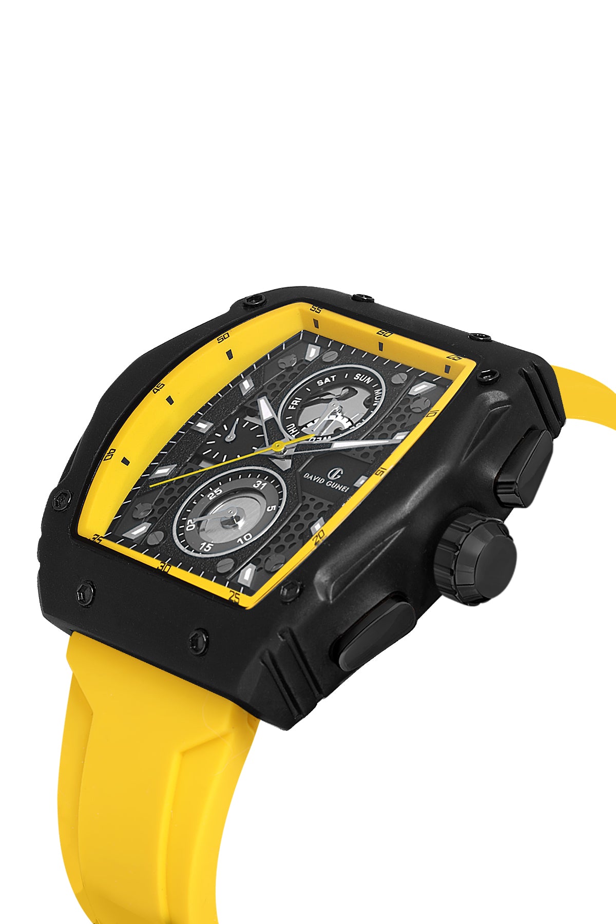 DAVID GUNER Sarı Silikon Kordonlu Sarı Kadranlı Siyah Kaplamalı Multi Fonksiyonlu Erkek Dikdörtgen Kol Saati - DG-8487GD-ZR2