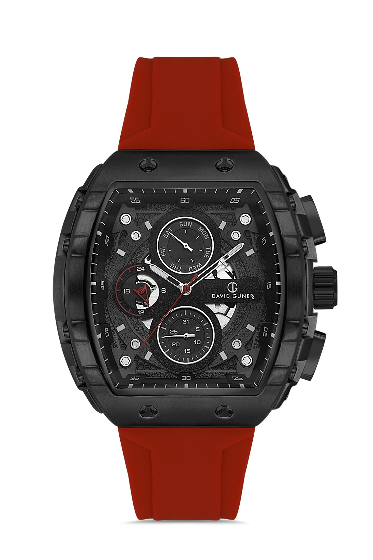 DAVID GUNER Siyah Kadranlı ve Kırmızı Kayışlı Multi Fonksiyonlu Erkek Kol Saati