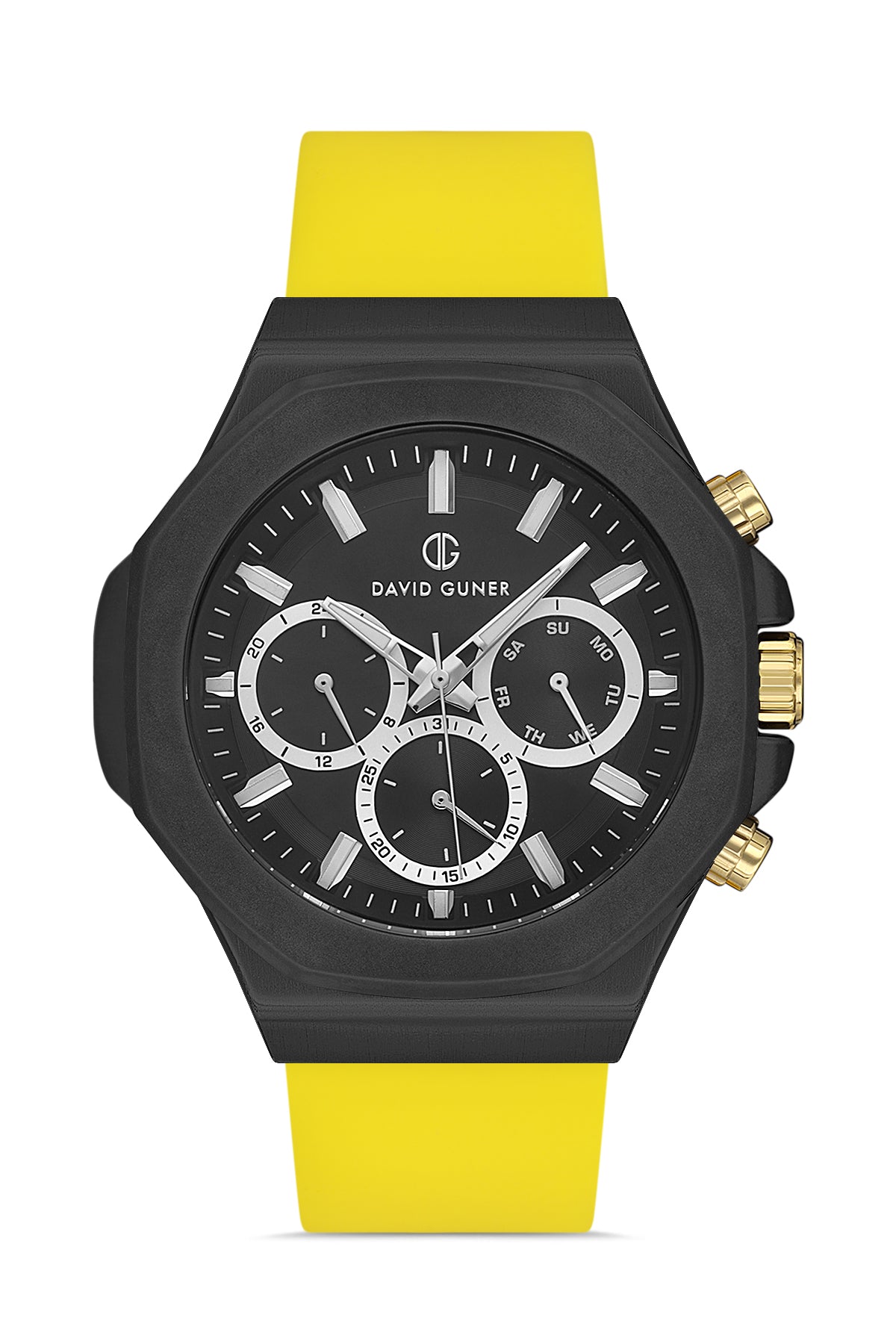 DAVID GUNER Multifunctional Men's Watch with Black Coated Yellow Silicone Band