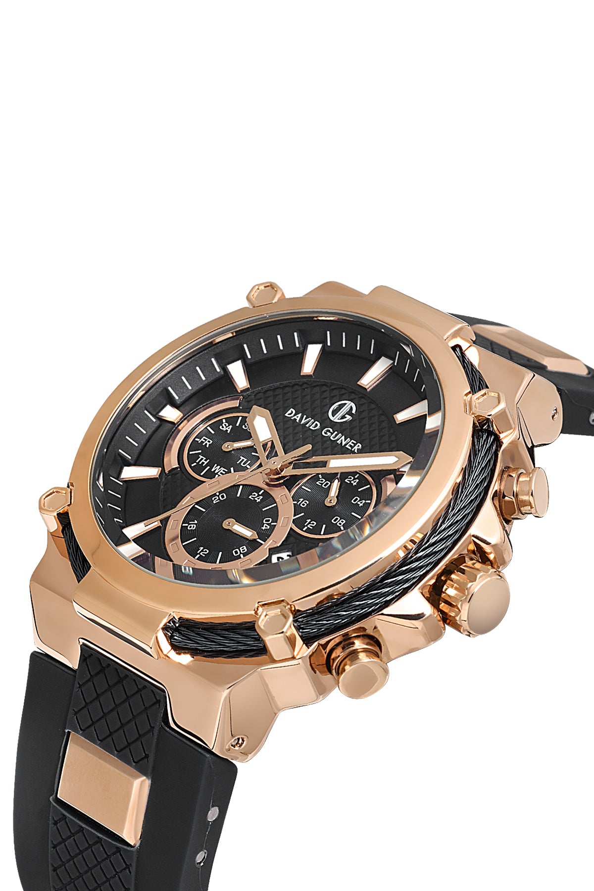 DAVID GUNER Siyah Silikon Kordonlu Siyah Kadranlı Rose Kaplamalı Multi Fonksiyonlu Erkek Kol Saati - DG-8270GD-R2