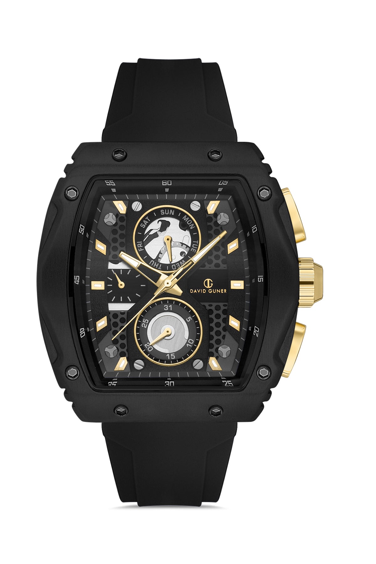 DAVID GUNER Siyah Silikon Kordonlu Siyah Kadranlı Siyah Kaplamalı Multi Fonksiyonlu Erkek Dikdörtgen Kol Saati - DG-8487GD-G2