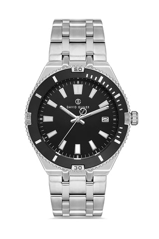 DAVID GUNER Takvimli Gümüş Kaplamalı Siyah Kadranlı Erkek Kol Saati - DG-8418GA-A2