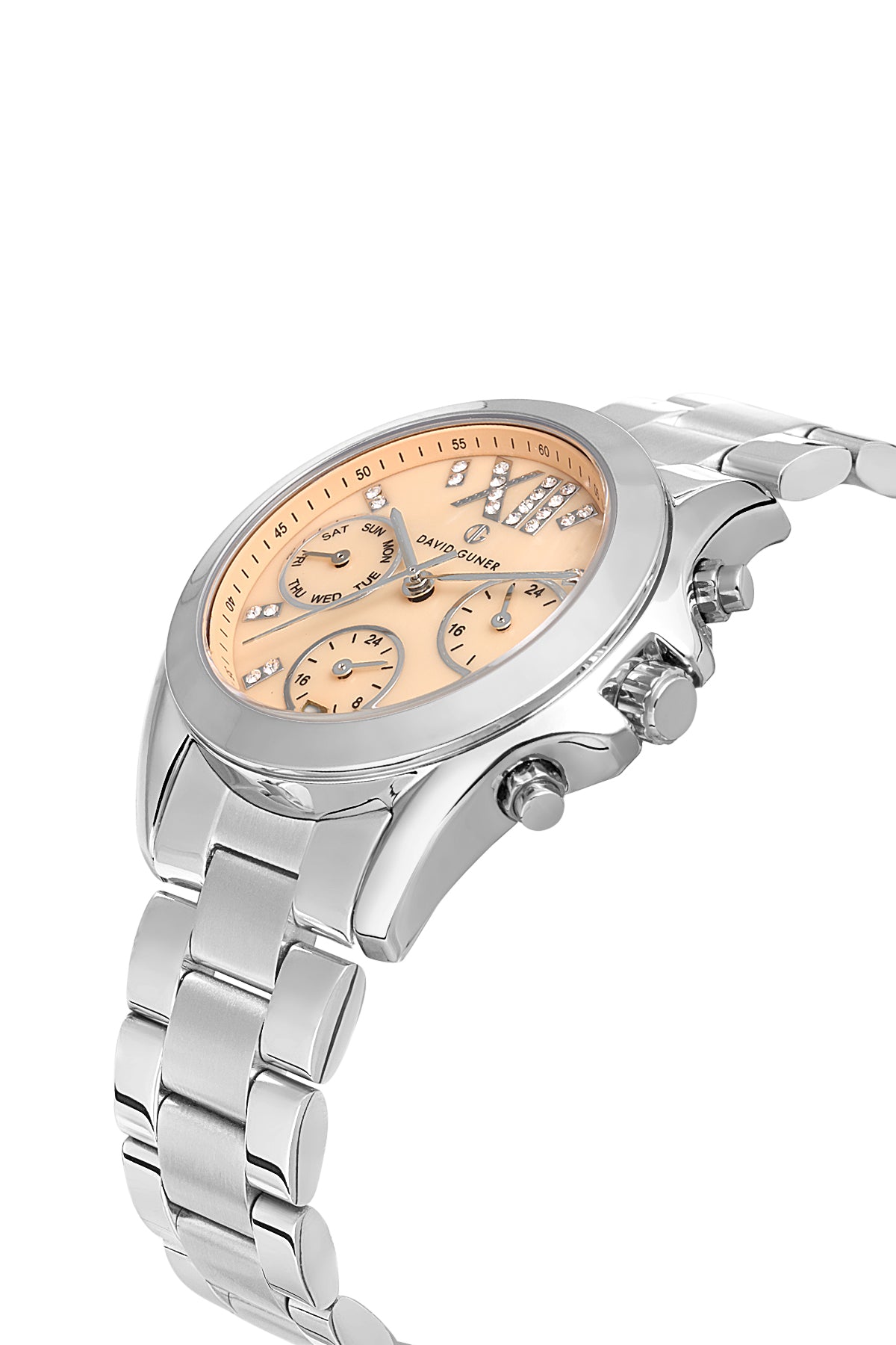 DAVID GUNER Taşlı Krem Kadranlı Gümüş Paslanmaz Masif Çelik Kadın Kol Saati - DG-8650LA-A16