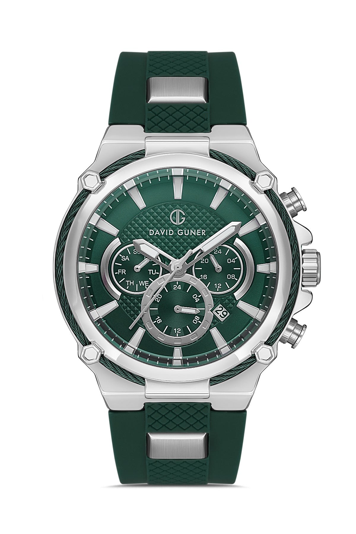 DAVID GUNER Yeşil Silikon Kordonlu Yeşil Kadranlı Gümüş Kaplamalı Multi Fonksiyonlu Erkek Kol Saati - DG-8270GD-ZM10