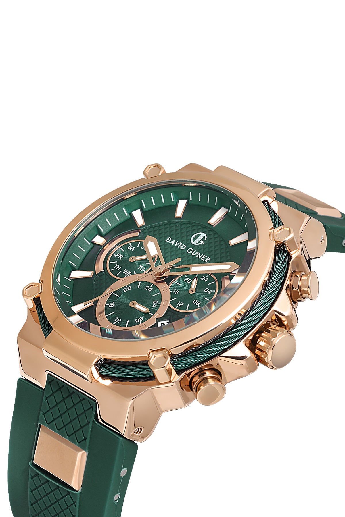 DAVID GUNER Yeşil Silikon Kordonlu Yeşil Kadranlı Rose Kaplamalı Multi Fonksiyonlu Erkek Kol Saati - DG-8270GD-ZG10