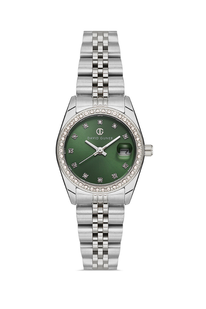 DAVID GUNER Yeşil Kadranlı Gümüş Kaplamalı Takvimli Kadın Kol Saati