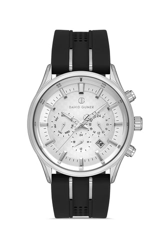 DAVID GUNER Men's Watch with Silver Dial and Black Silicone Band