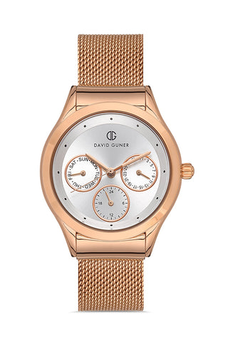 DAVID GUNER Rose Kaplama Gümüş Kadranlı Multi Fonksiyon Çelik Örme Kordon Kadın Kol Saati - DG-8276LC-C1