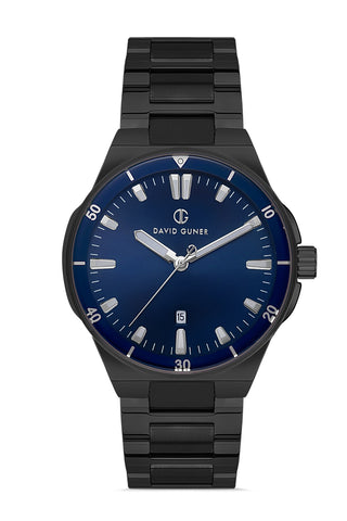 DAVID GUNER Men's Watch with Dark Blue Dial and Black Band Calendar