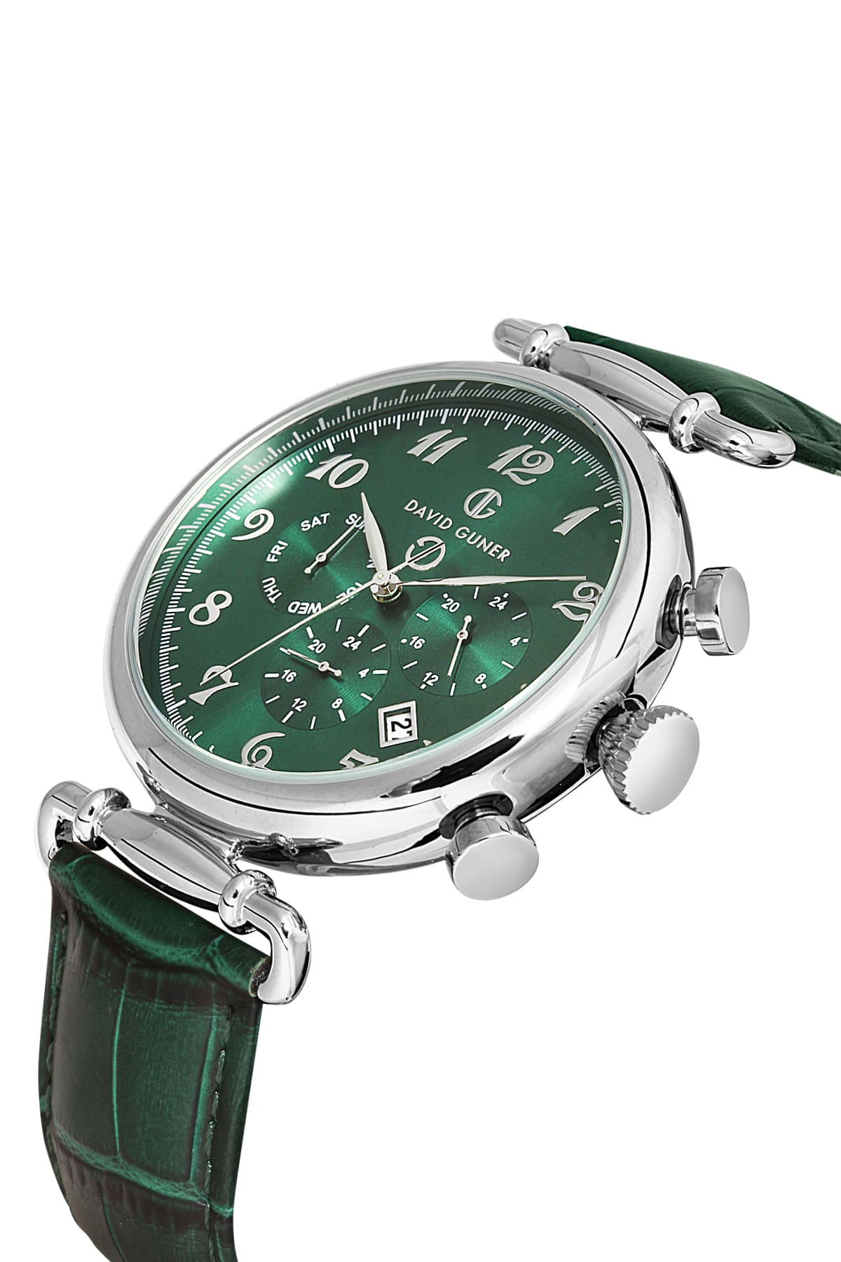 DAVID GUNER Silver Plated Green Dial Men's Wristwatch with Leather Strap