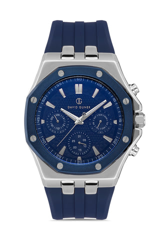 DAVID GUNER Silver Navy Blue Coated Men's Watch with Navy Blue Silicone Band