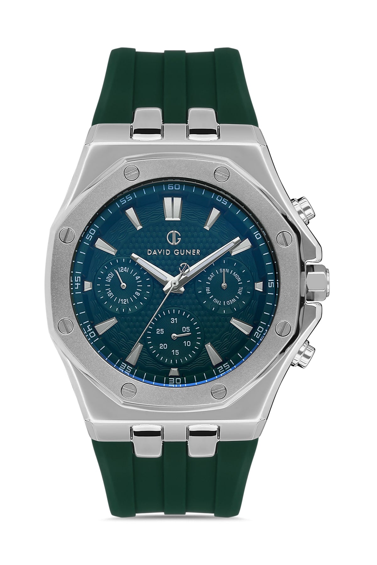 DAVID GUNER Silver Plated Men's Wristwatch with Green Silicone Strap