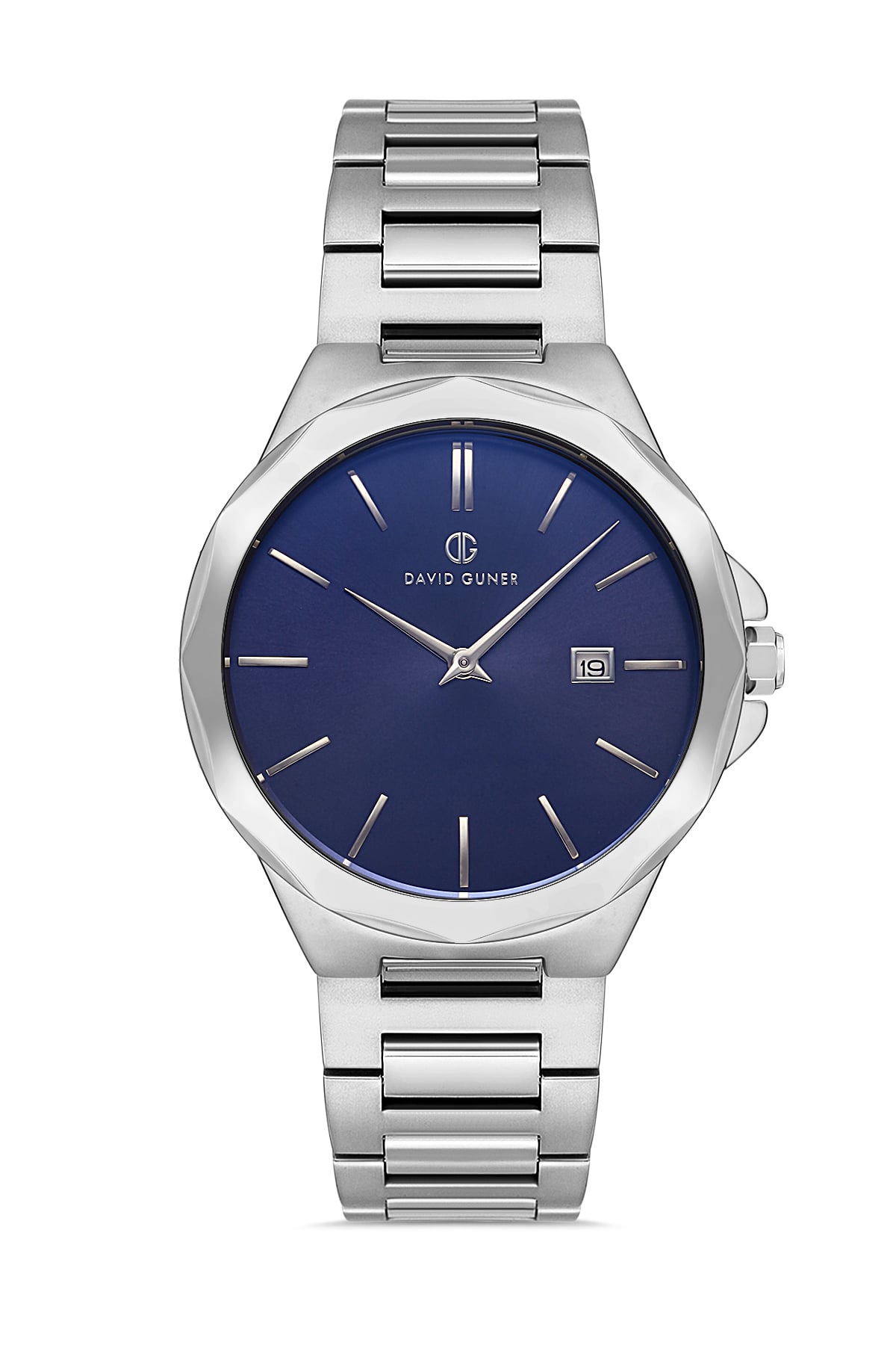 DAVID GUNER Men's Wristwatch with Dark Blue Dial and Silver Plated Calendar