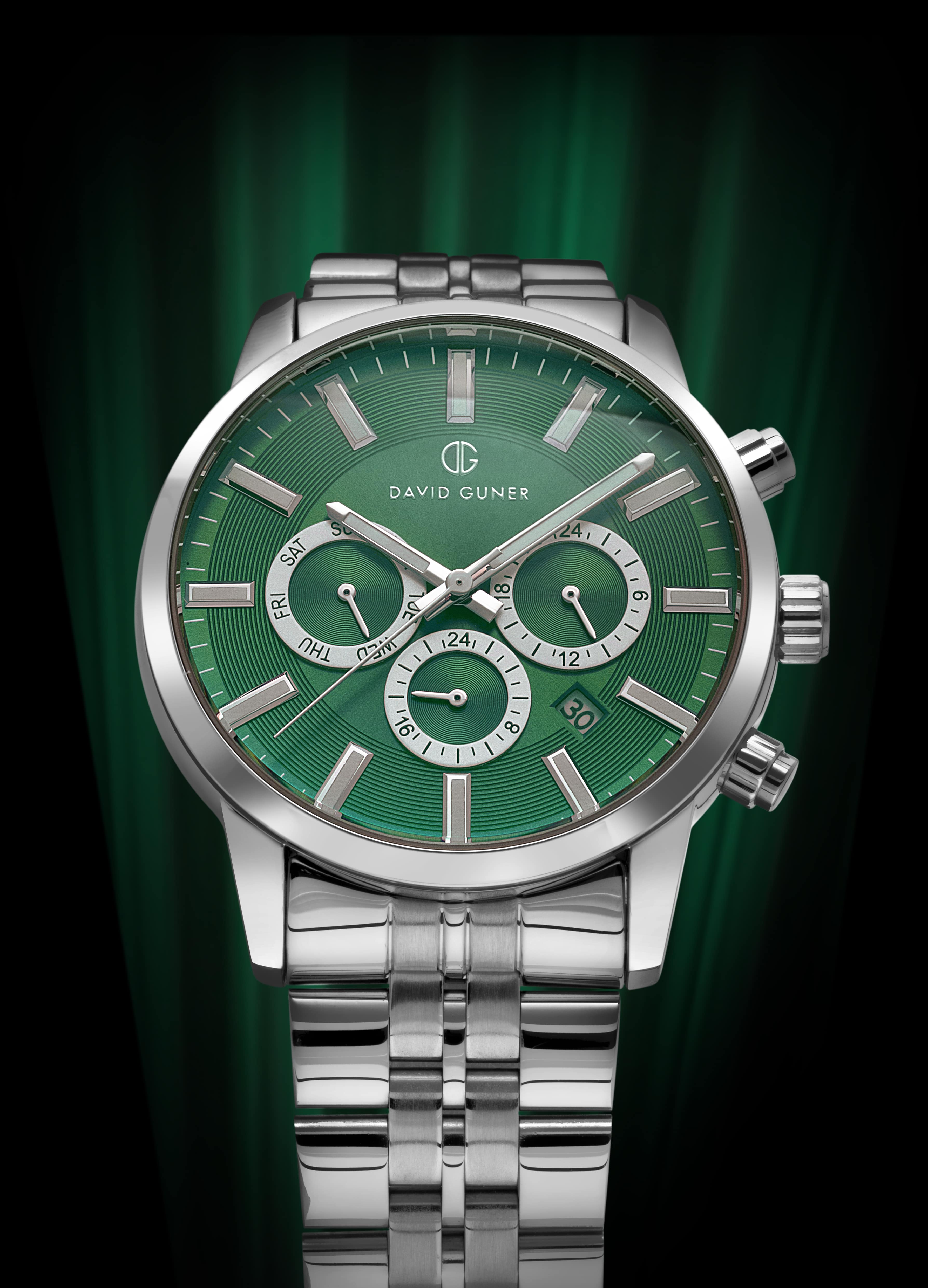 DAVID GUNER Silver Plated Green Dial Multifunctional Men's Wristwatch