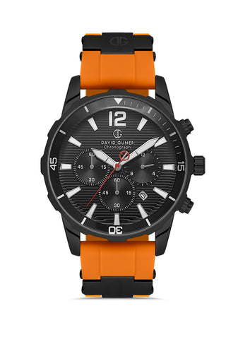 DAVID GUNER Siyah Kadranlı Gunmetal Detaylı Turuncu Silikon Kayışlı Erkek Kol Saati - DG-8456GD-ZQ2