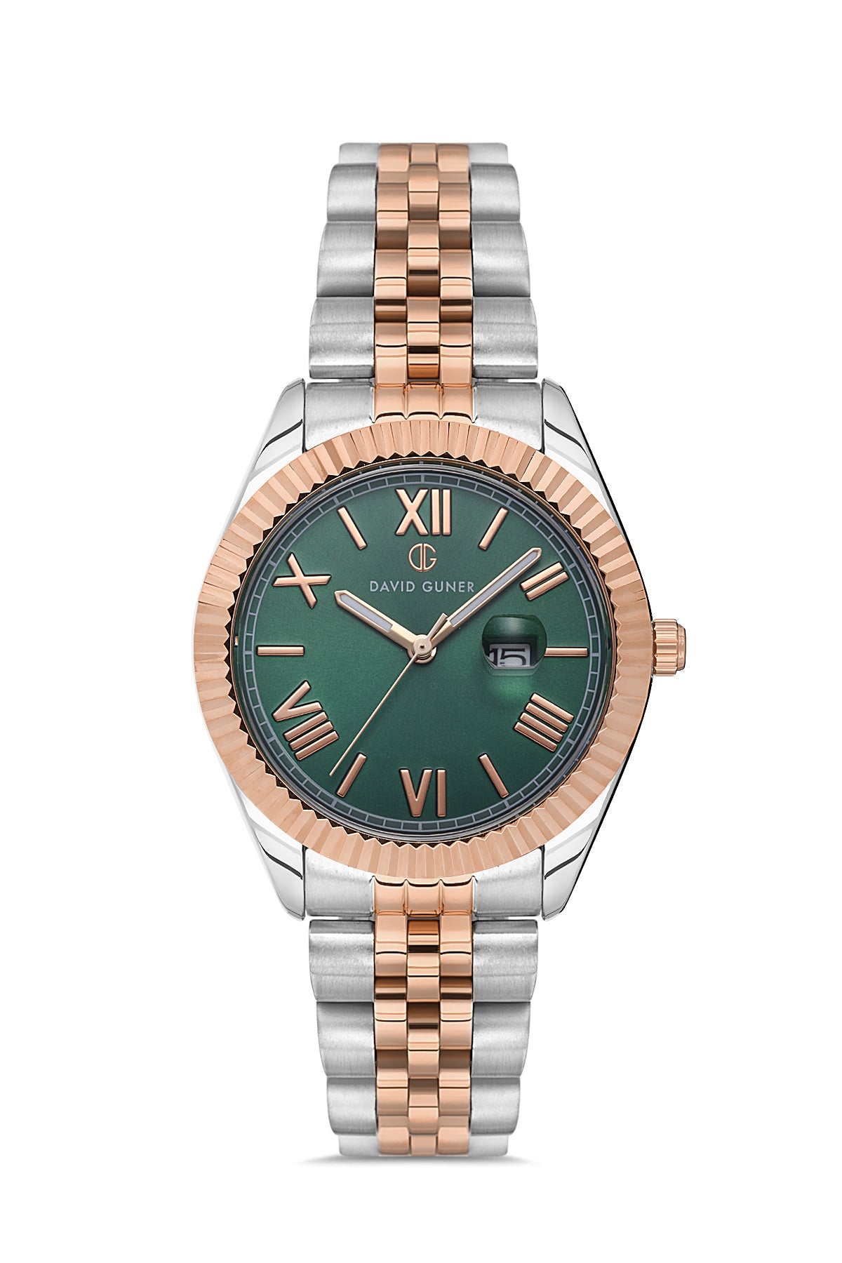 David Guner Rose White Coated Green Dial Calendar Women's Wristwatch
