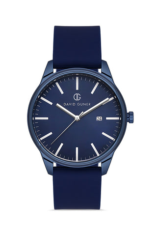 DAVID GUNER Navy Blue Coated Men's Watch with Calendar and Navy Blue Silicone Band