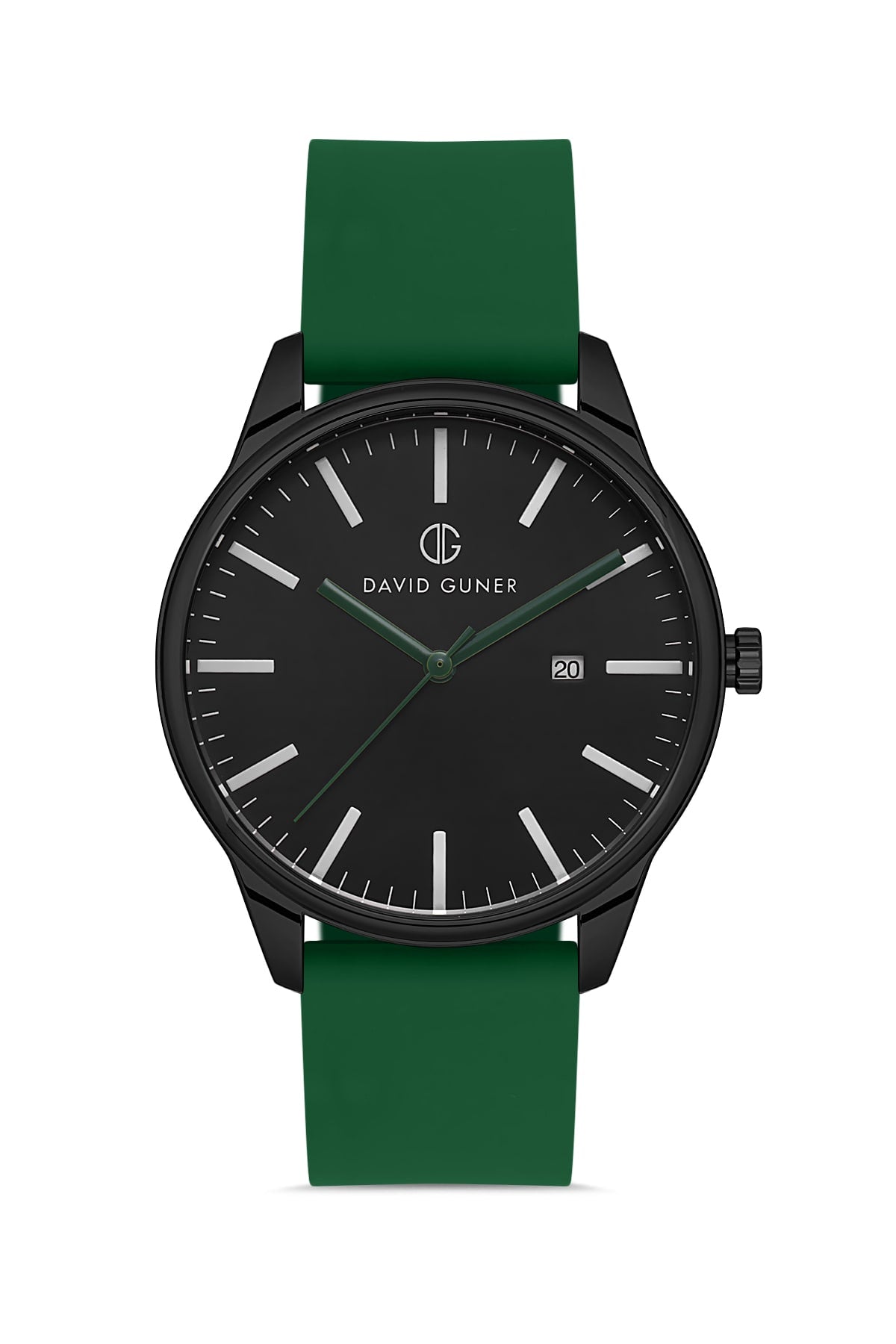 DAVID GUNER Men's Wristwatch with Black Dial and Green Silicone Strap with Calendar