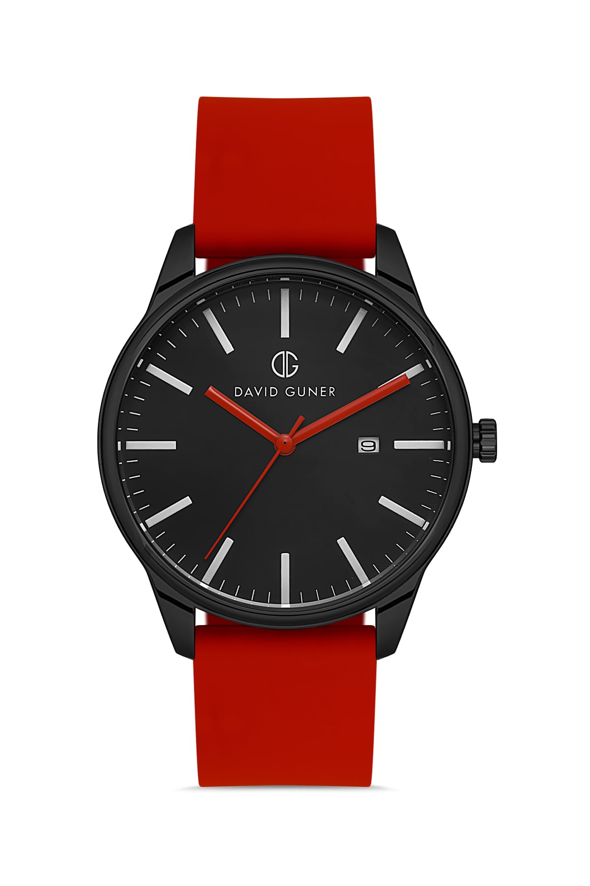 DAVID GUNER Men's Wristwatch with Black Dial and Red Silicone Strap Calendar