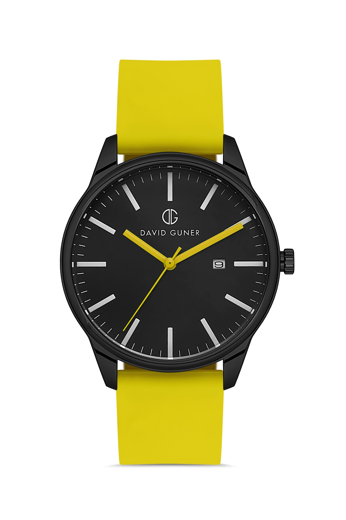 DAVID GUNER Black Dial, Black Coated Men's Watch with Yellow Silicone Strap