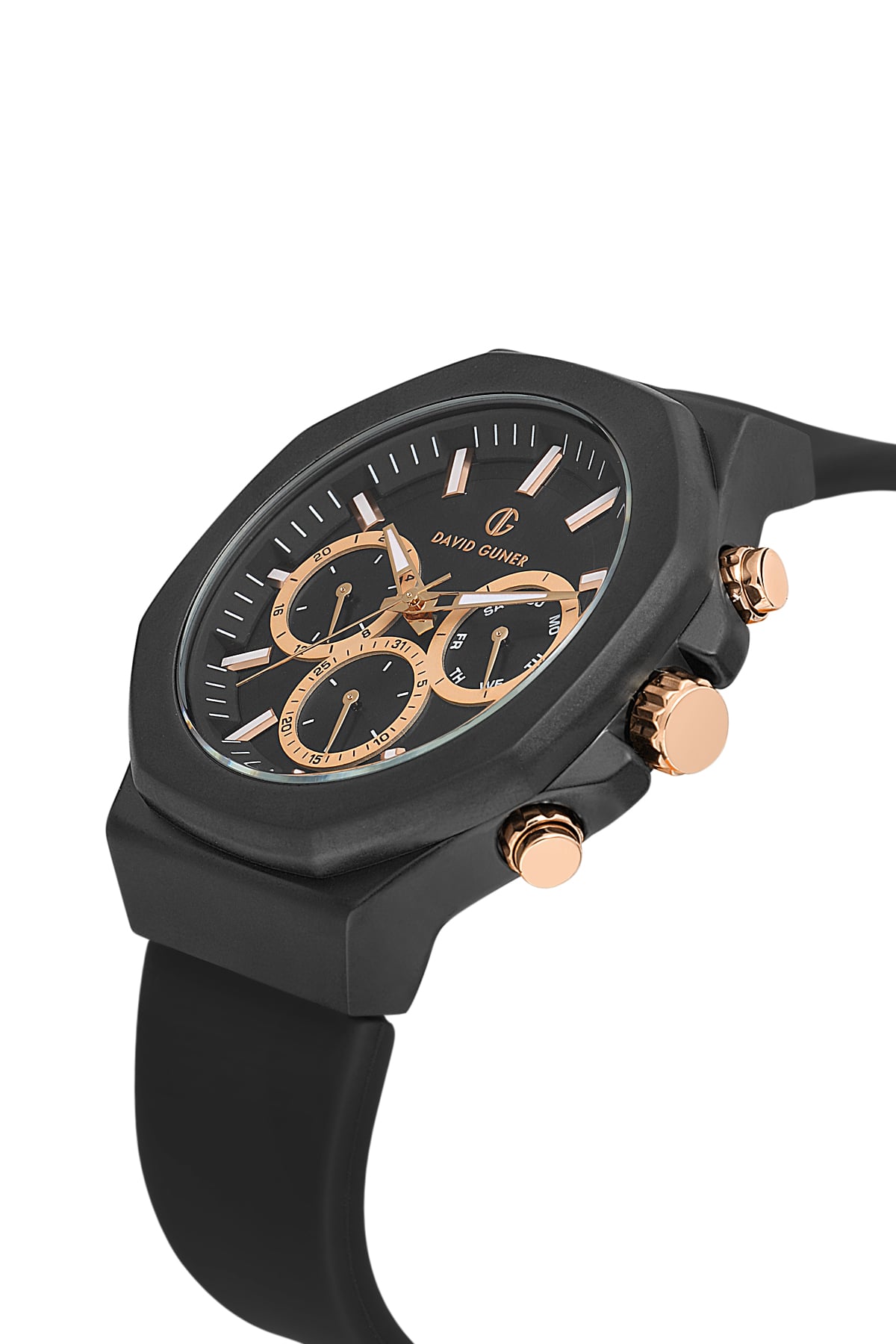 DAVID GUNER Black Coated Multifunctional Men's Wristwatch with Black Silicone Strap