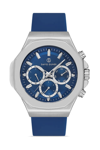DAVID GUNER Silver Plating Men's Watch with Blue Dial and Blue Silicone Band
