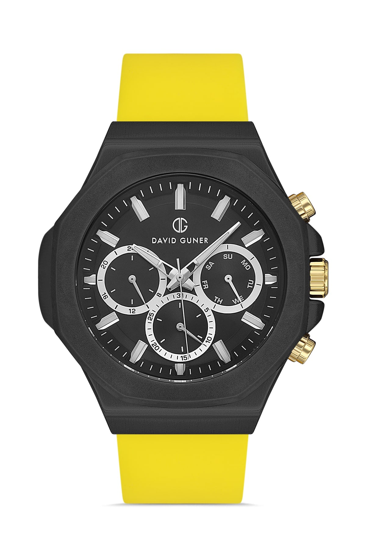 DAVID GUNER Multifunctional Men's Watch with Black Coated Yellow Silicone Strap
