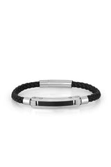 DAVID GUNER Siyah Deri ve Gümüş Çelik Detaylı Örgü Bileklik