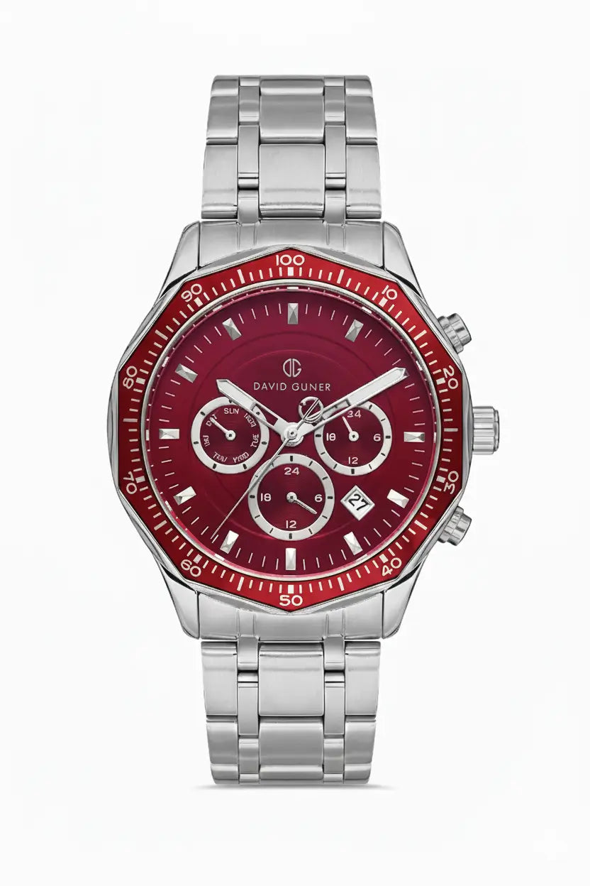 DAVID GUNER Bordo Kadranlı Gümüş Kaplamalı Erkek Kol Saati - DG-8419GA-A8