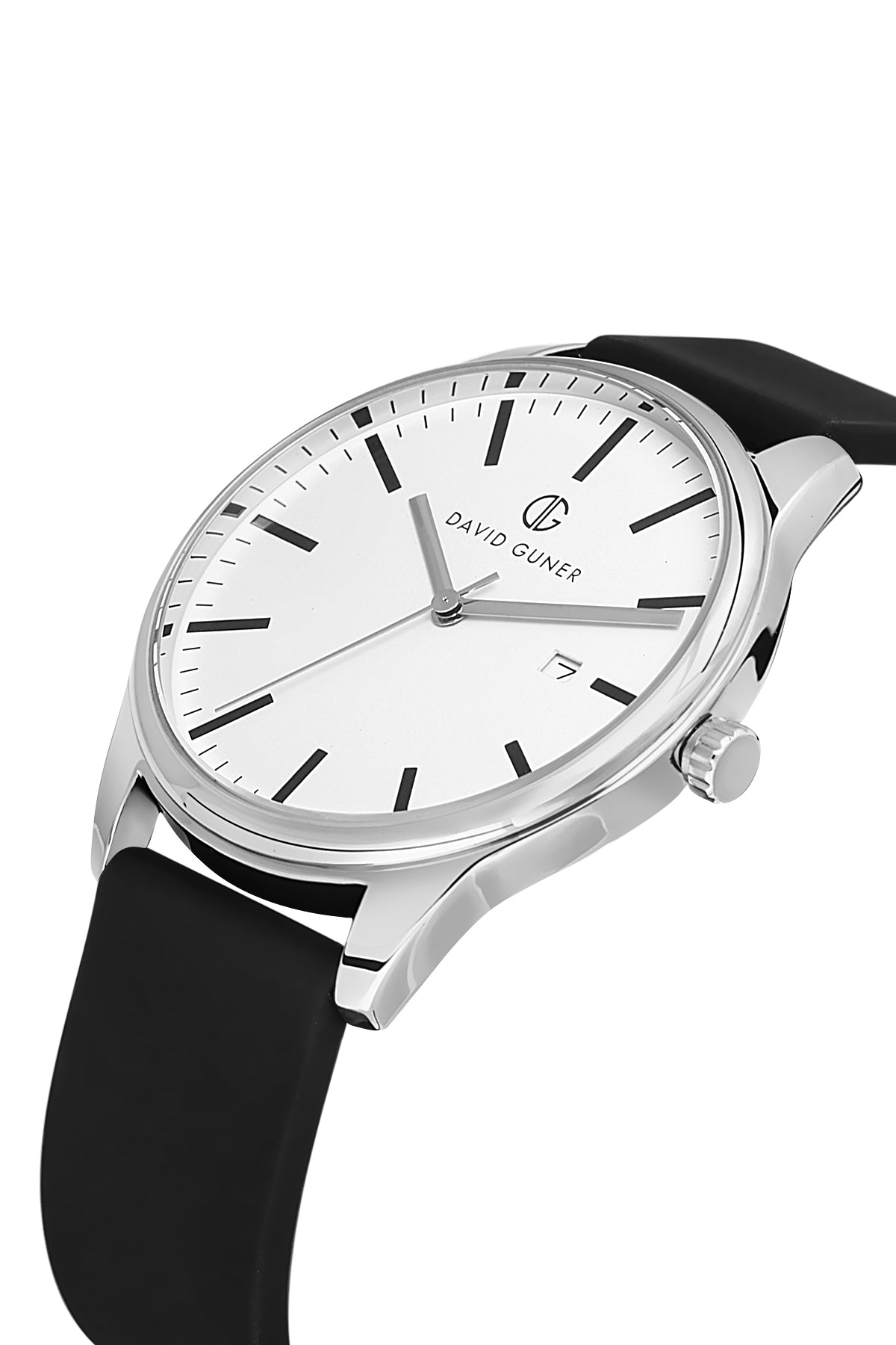DAVID GUNER Men's Watch with Silver Dial, Silver Plating, Black Silicone Band and Calendar
