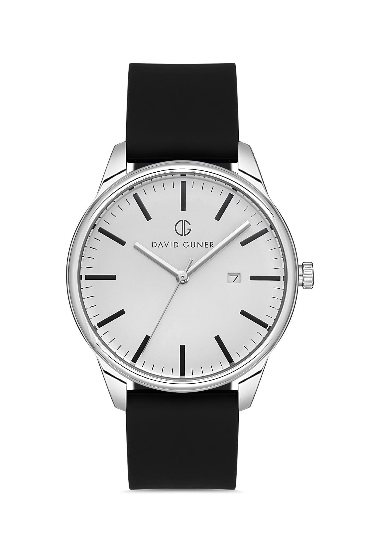 DAVID GUNER Men's Watch with Silver Dial, Silver Plating, Black Silicone Band and Calendar
