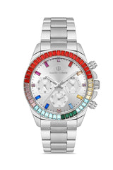 DAVID GUNER Gümüş Kadranlı Renkli Taşlı Multi Fonksiyon Paslanmaz Çelik Kadın Kol Saati - DG-8678GA-A1