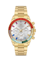DAVID GUNER Gümüş Kadranlı Renkli Taşlı Multi Fonksiyon Sarı Paslanmaz Çelik Kadın Kol Saati - DG-8678GA-B1