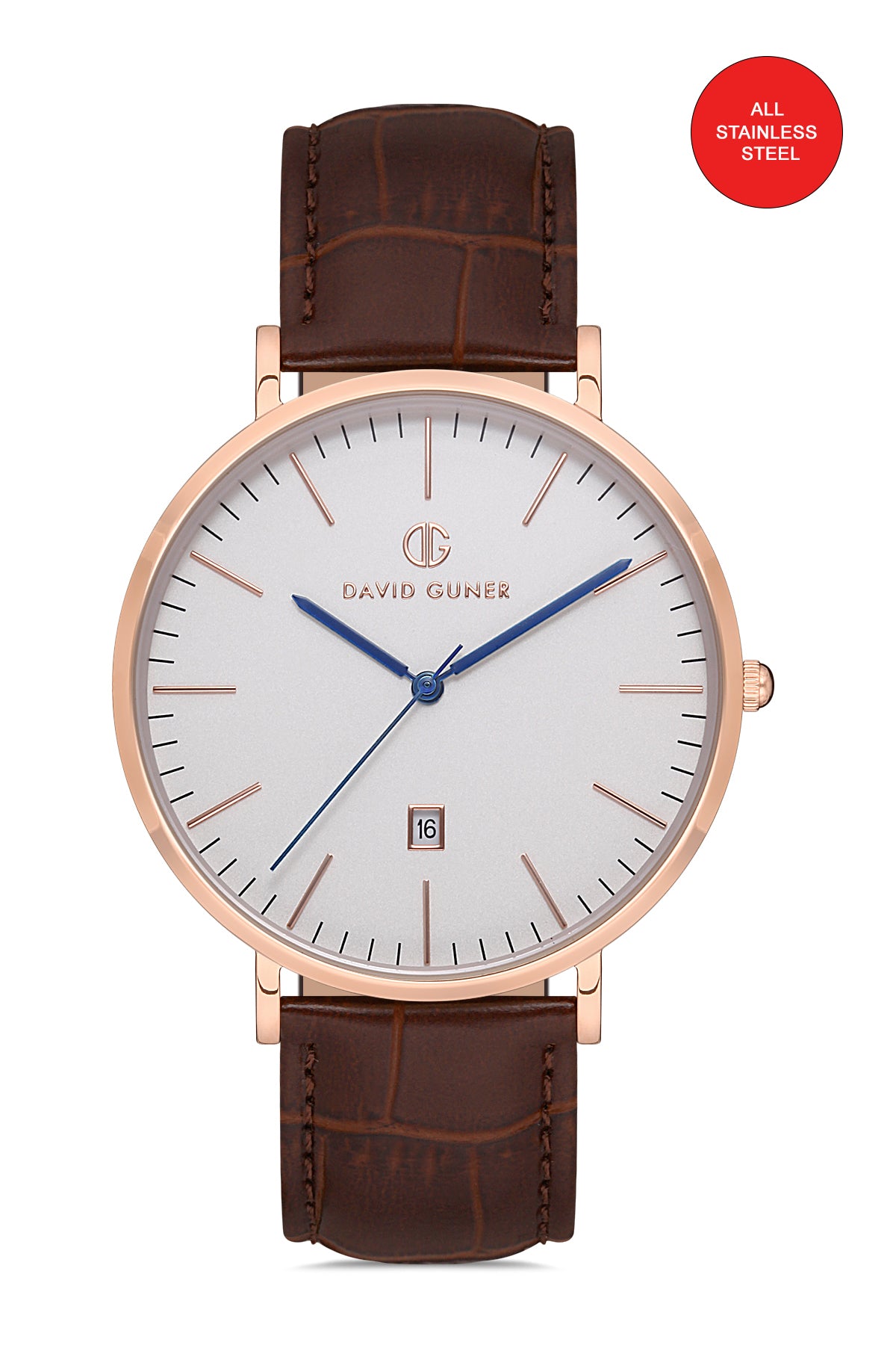 DAVID GUNER Gümüş Kadranlı Rose Kaplamalı Erkek Deri Kol Saati - DG-8074GB-S1