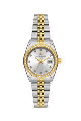 DAVID GUNER Gümüş Kadranlı Sarı - Beyaz Kaplamalı Takvimli Kadın Kol Saati - DG-8474LA-D1