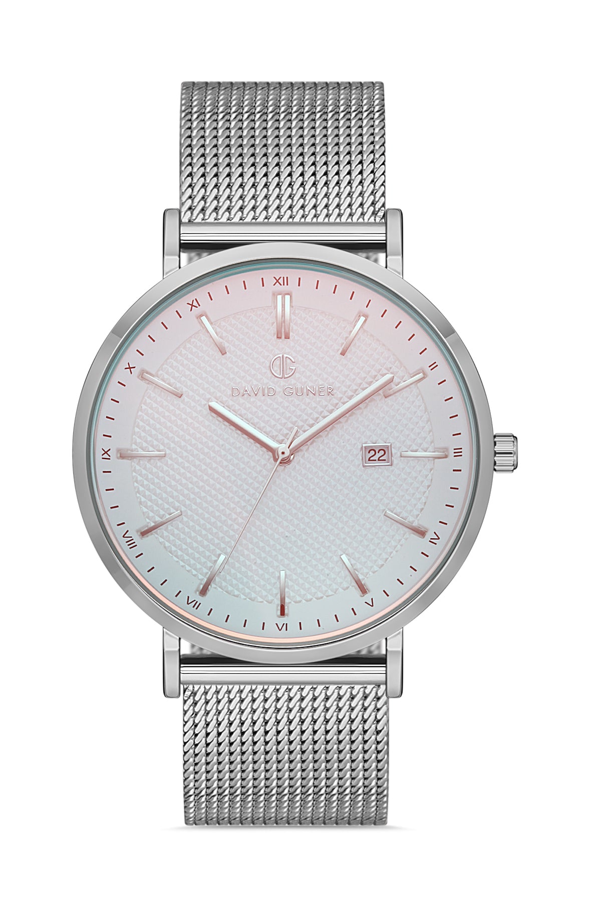 DAVID GUNER Gümüş Kaplama Gümüş Kadranlı Takvimli Çelik Örme Kordon Erkek Kol Saati - DG-8320GC-A1