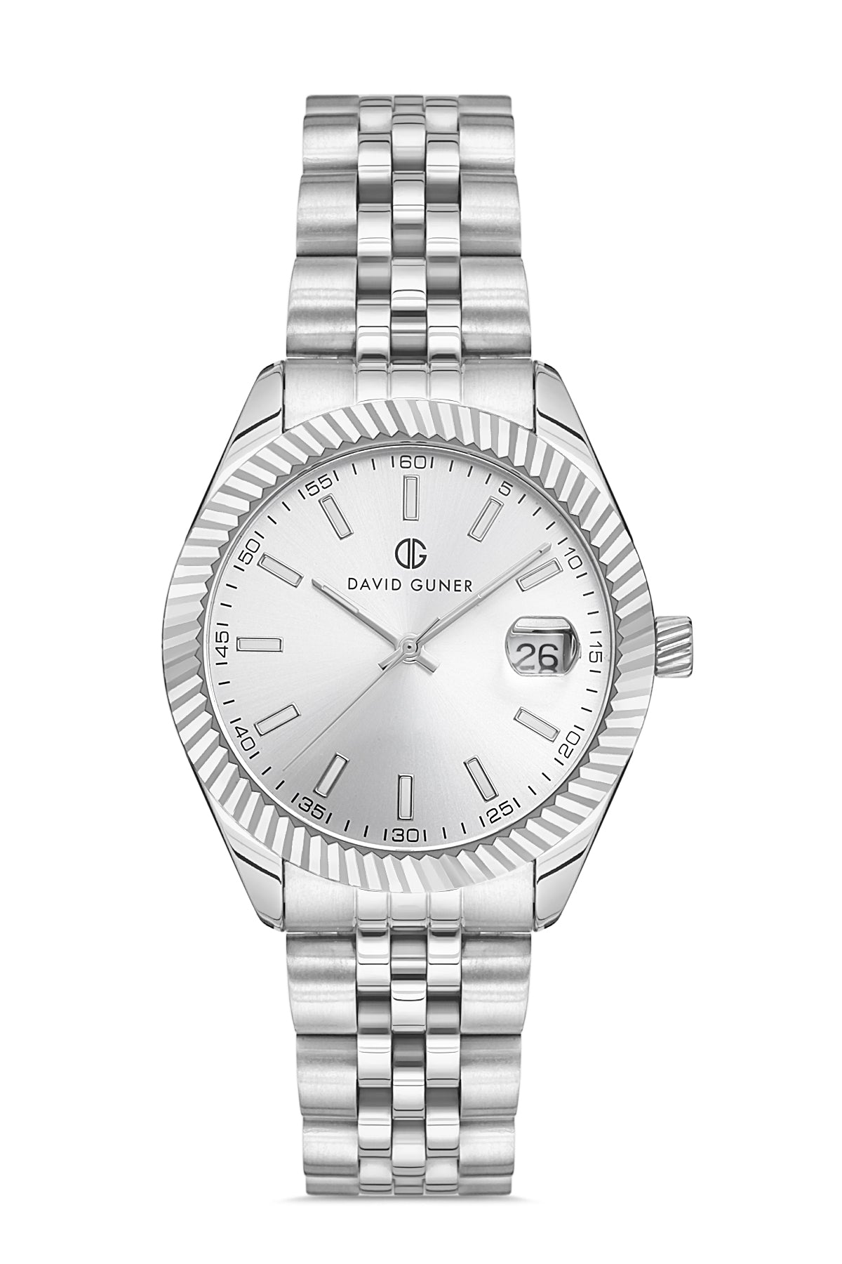 DAVID GUNER Gümüş Kaplama Gümüş Kadranlı Takvimli Paslanmaz Masif Çelik Kadın Kol Saati - DG-8058LA-A1