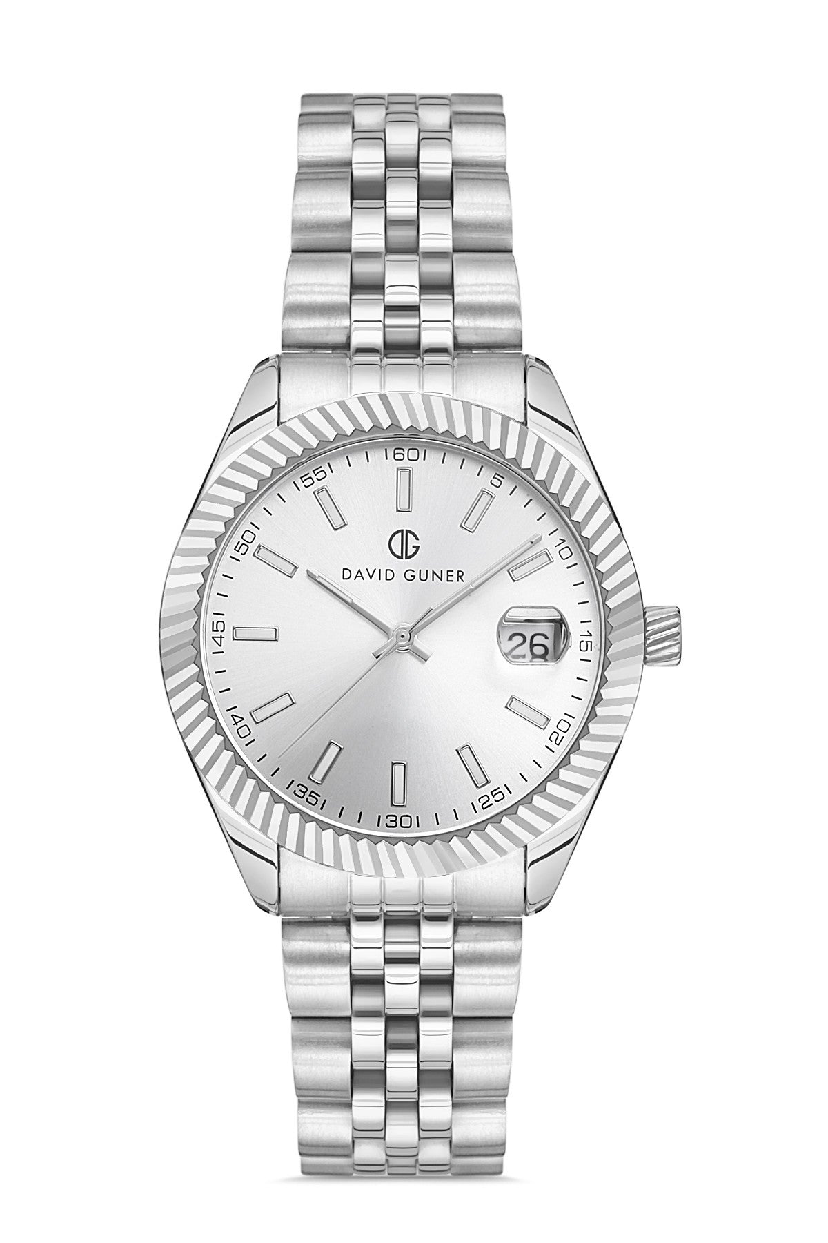 DAVID GUNER Gümüş Kaplama Gümüş Kadranlı Takvimli Paslanmaz Masif Çelik Kadın Kol Saati - DG-8058LA-A1