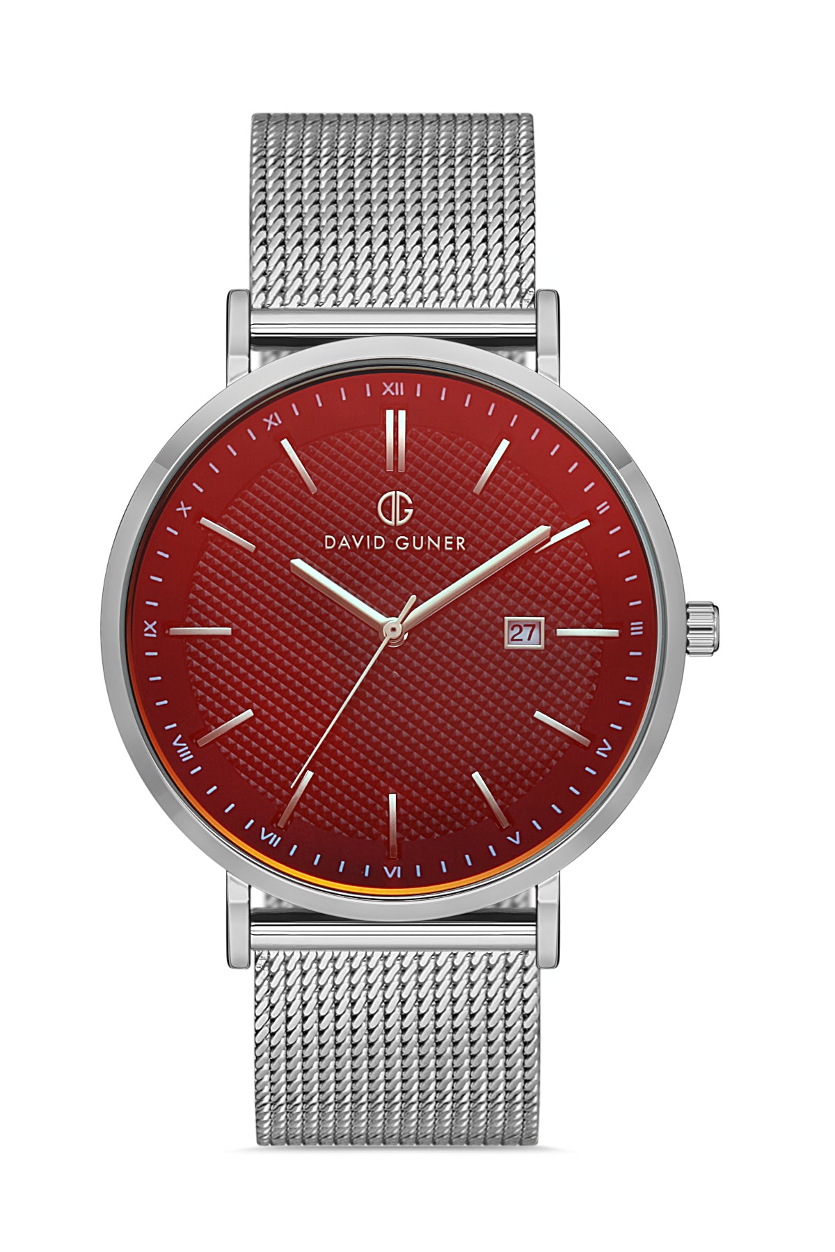 DAVID GUNER Gümüş Kaplama Kırmızı Kadranlı Takvimli Çelik Örme Kordon Erkek Kol Saati - DG-8320GC-A2